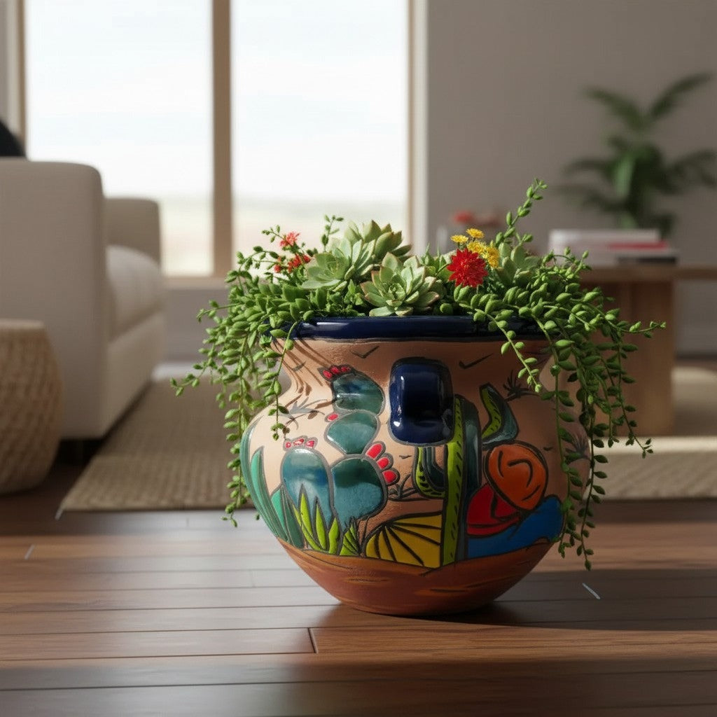 A hand-painted ceramic planter pot with a desert cactus design, filled with succulent plants, set on a wooden floor in a bright, modern living room.