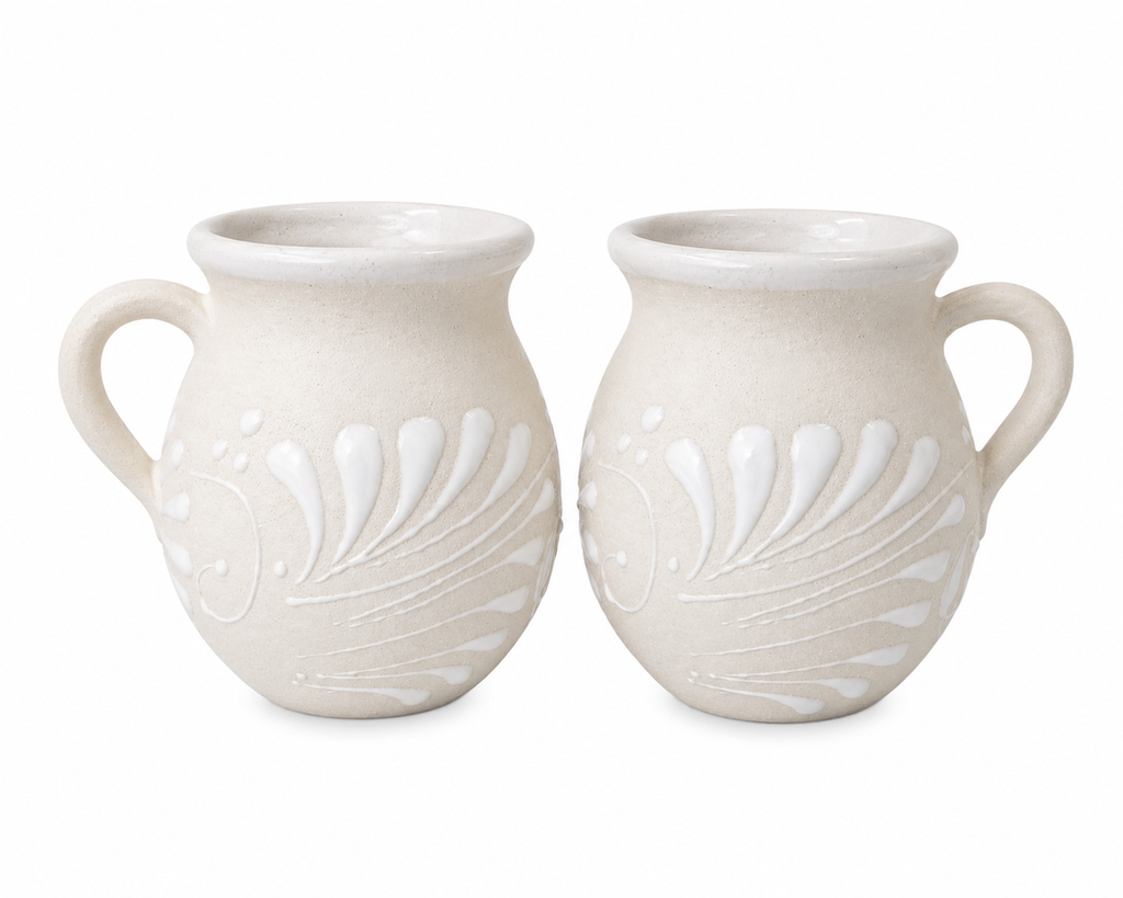 White Talavera-Inspired Handcrafted Mexican Clay Mugs