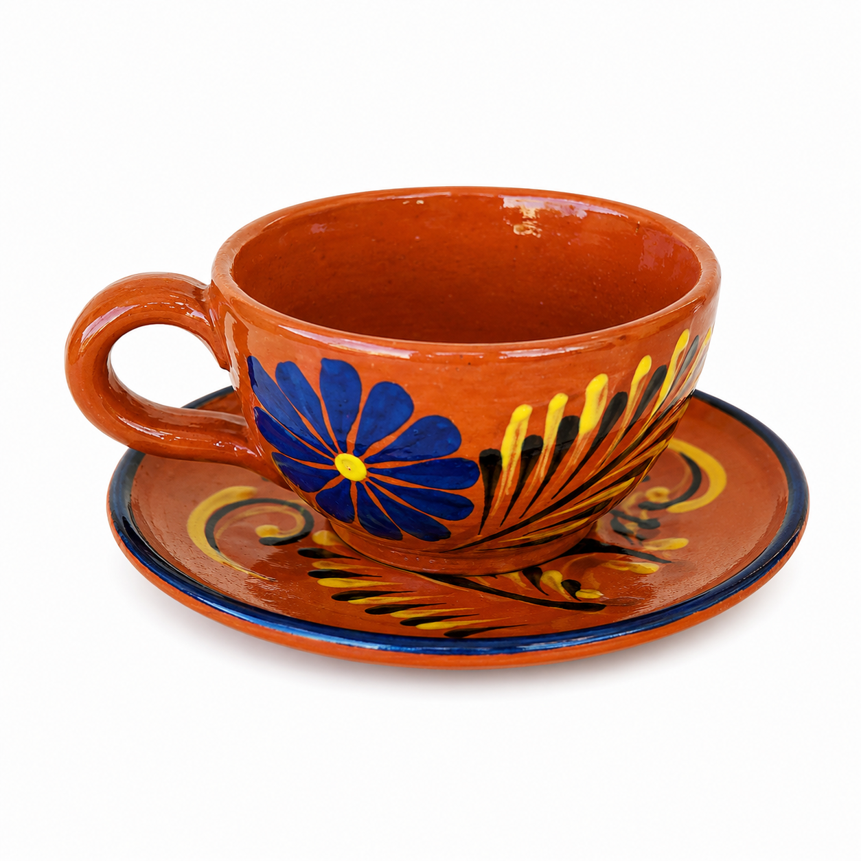 Mexican Barro Clay Teapot & Cups Set, Blue Floral