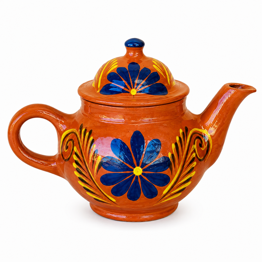 Mexican Barro Clay Teapot & Cups Set, Blue Floral