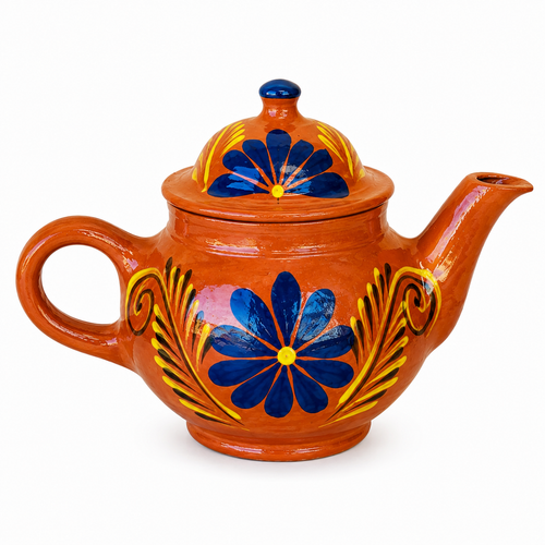 Mexican Barro Clay Teapot & Cups Set, Blue Floral