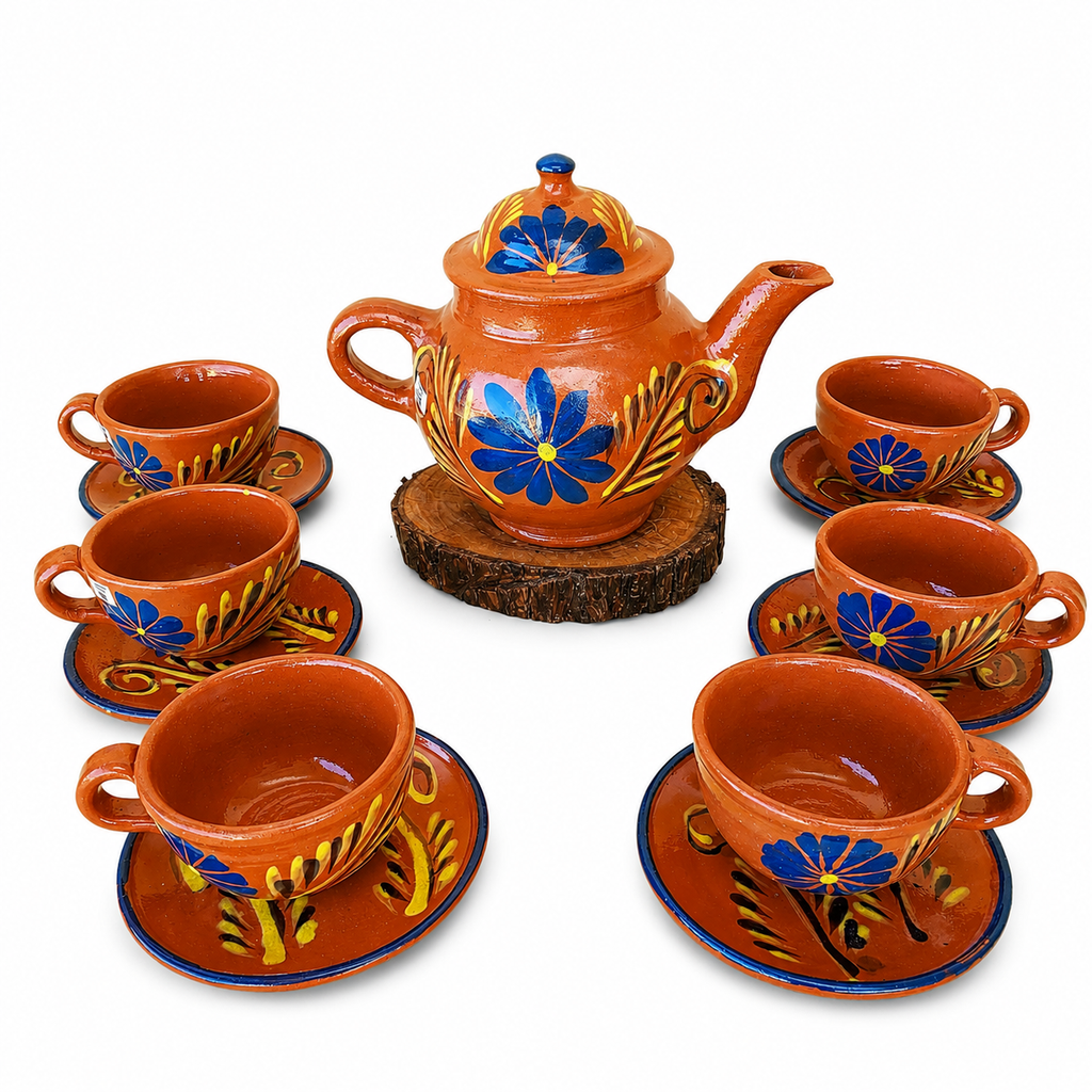 Mexican Barro Clay Teapot & Cups Set, Blue Floral