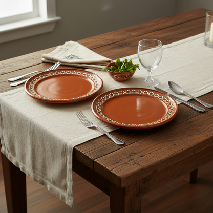 Two terracotta plates with decorative边缘 on a white background