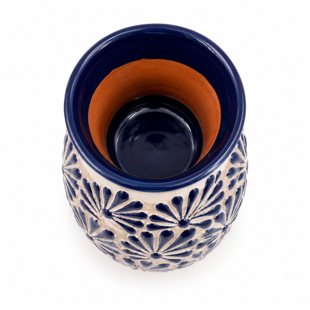 Talavera Flower Vase Blue & White Handcrafted Floral
