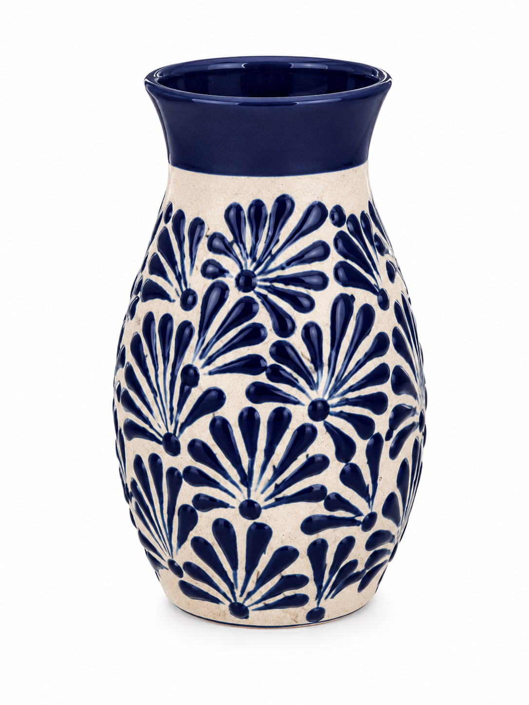 Talavera Flower Vase Blue & White Handcrafted Floral