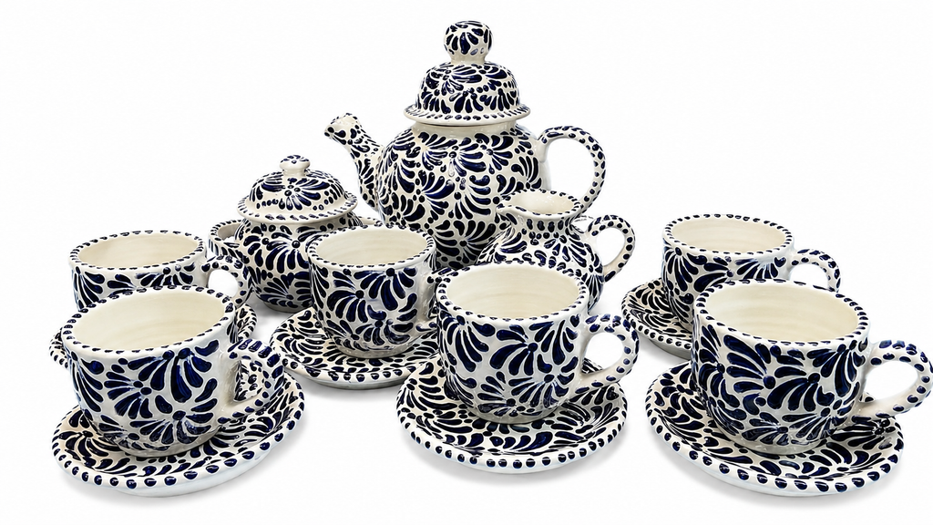 Handcrafted Talavera Ceramic Tea Set with Cups & Saucers