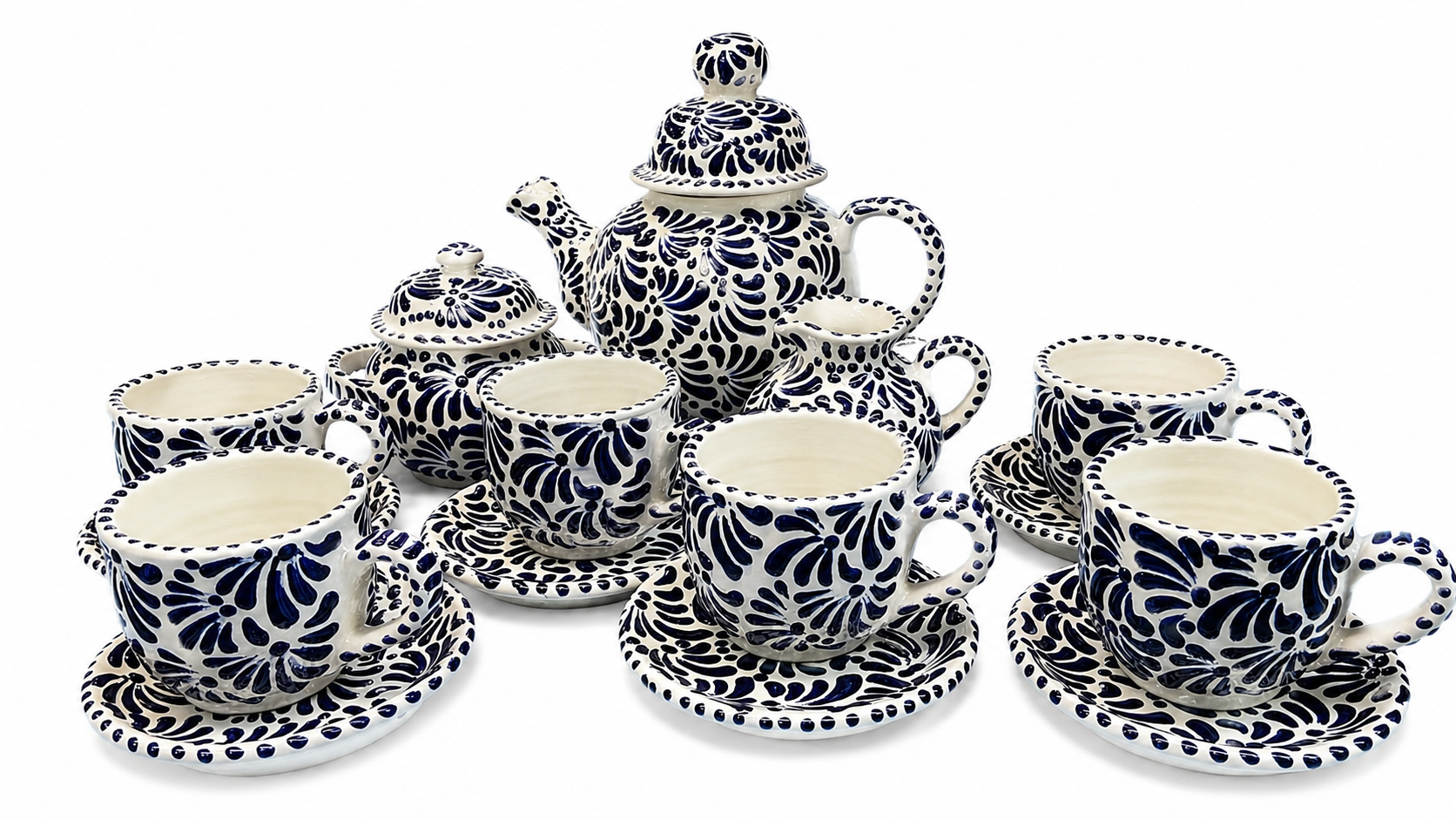 Handcrafted Talavera Ceramic Tea Set with Cups & Saucers