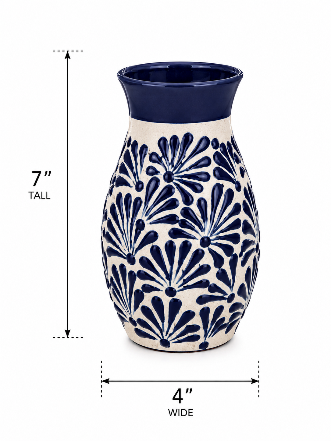 Talavera Flower Vase Blue & White Handcrafted Floral