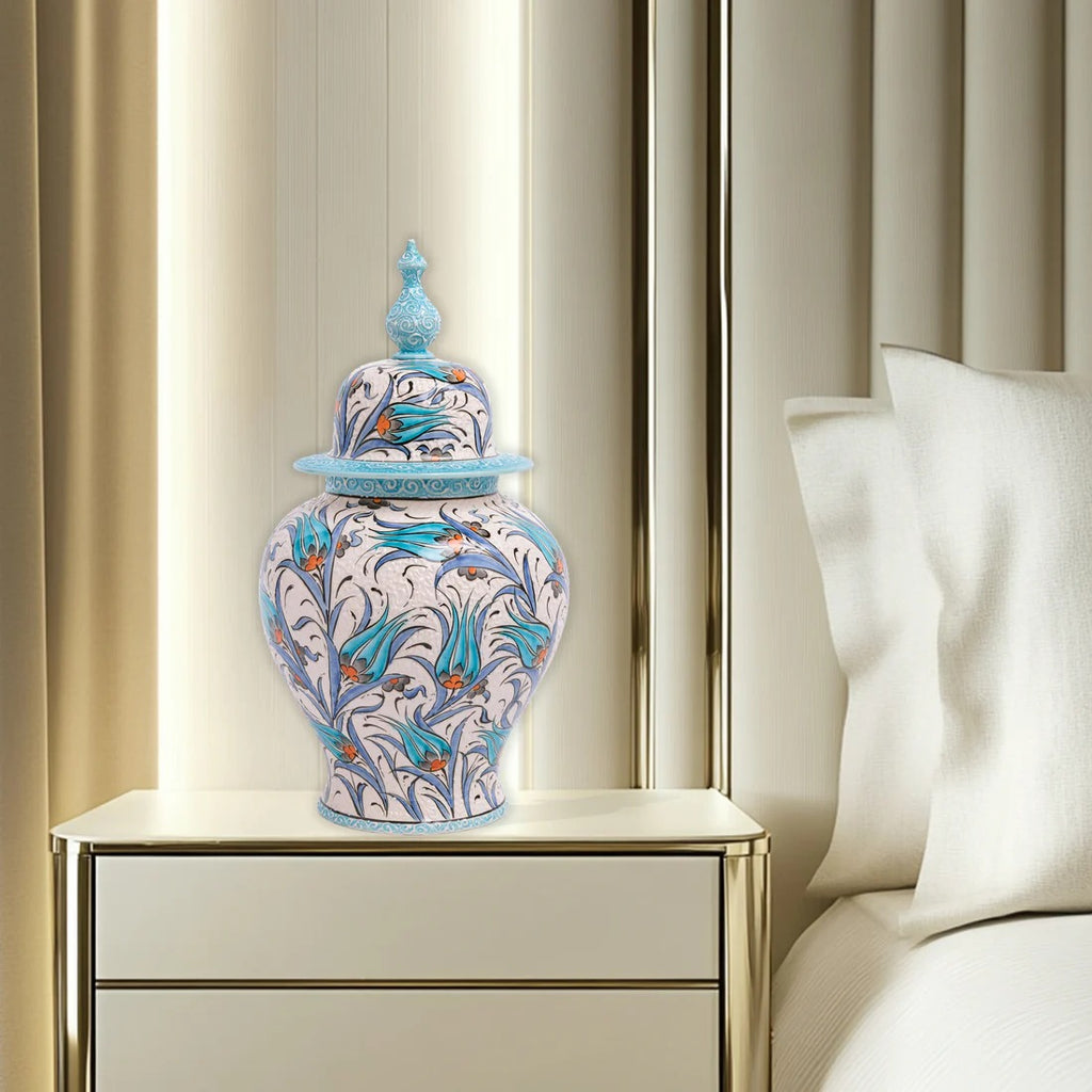 Handcrafted Turkish Floral Ceramic Ginger Jar with Lid