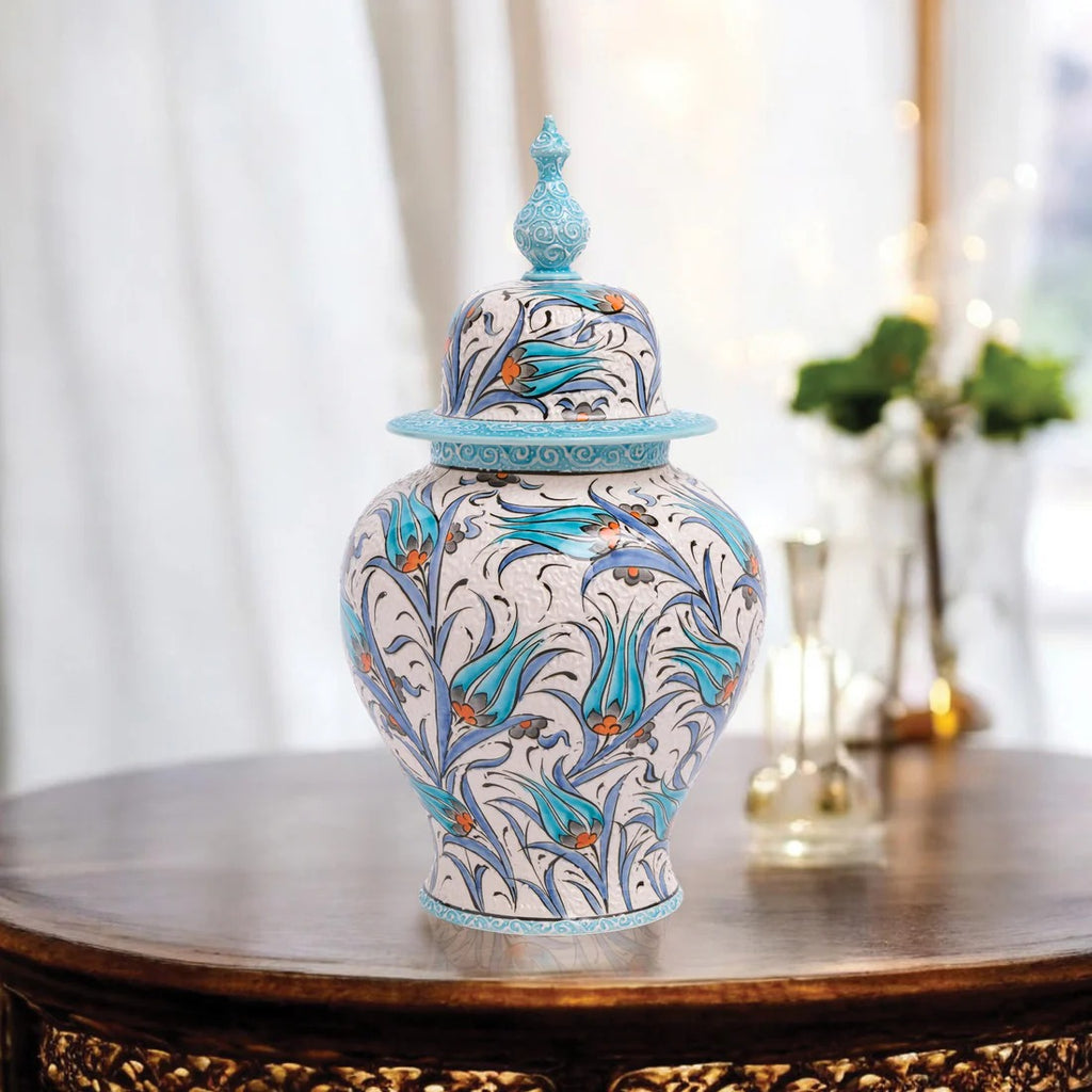 Handcrafted Turkish Floral Ceramic Ginger Jar with Lid