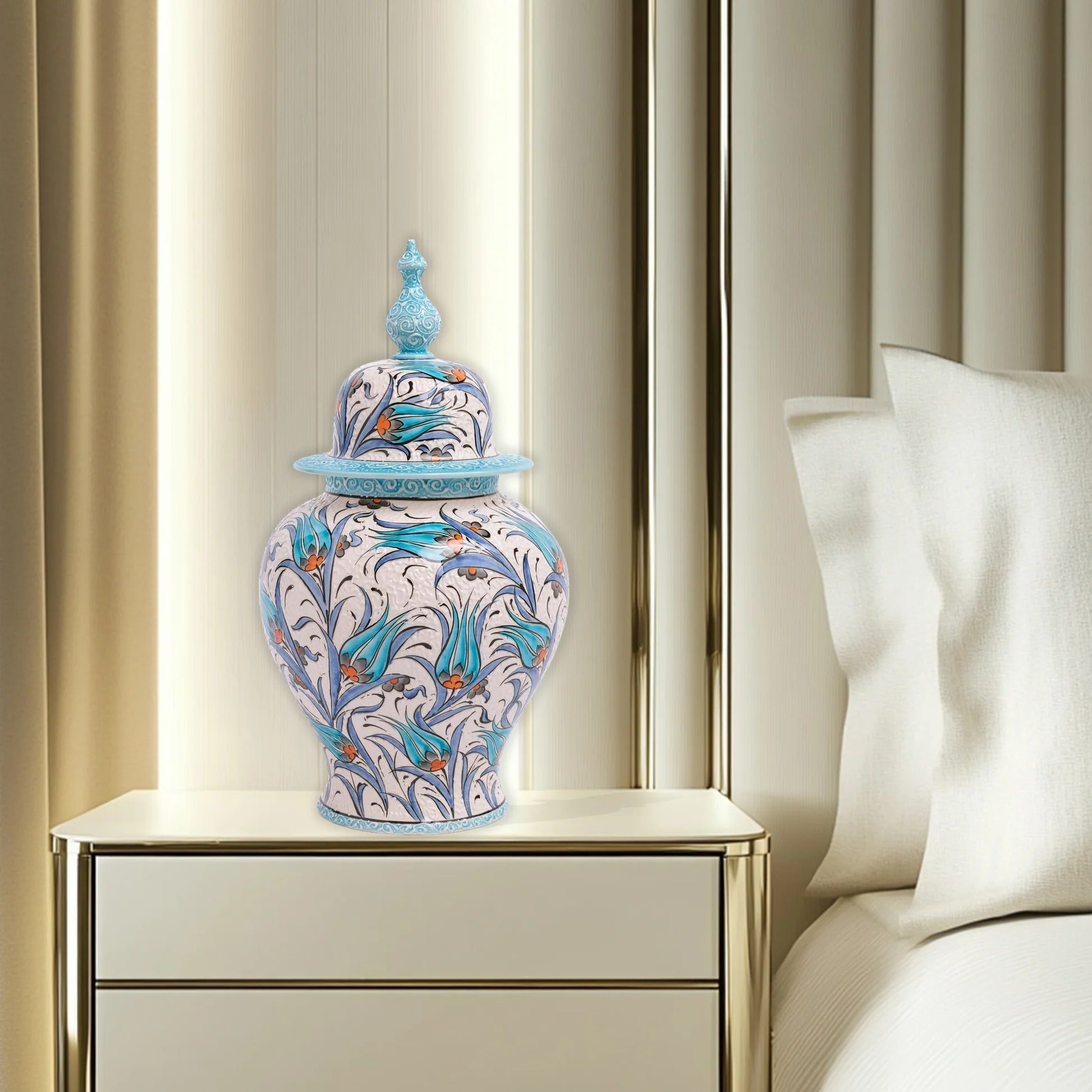 Handcrafted Turkish Floral Ceramic Ginger Jar with Lid