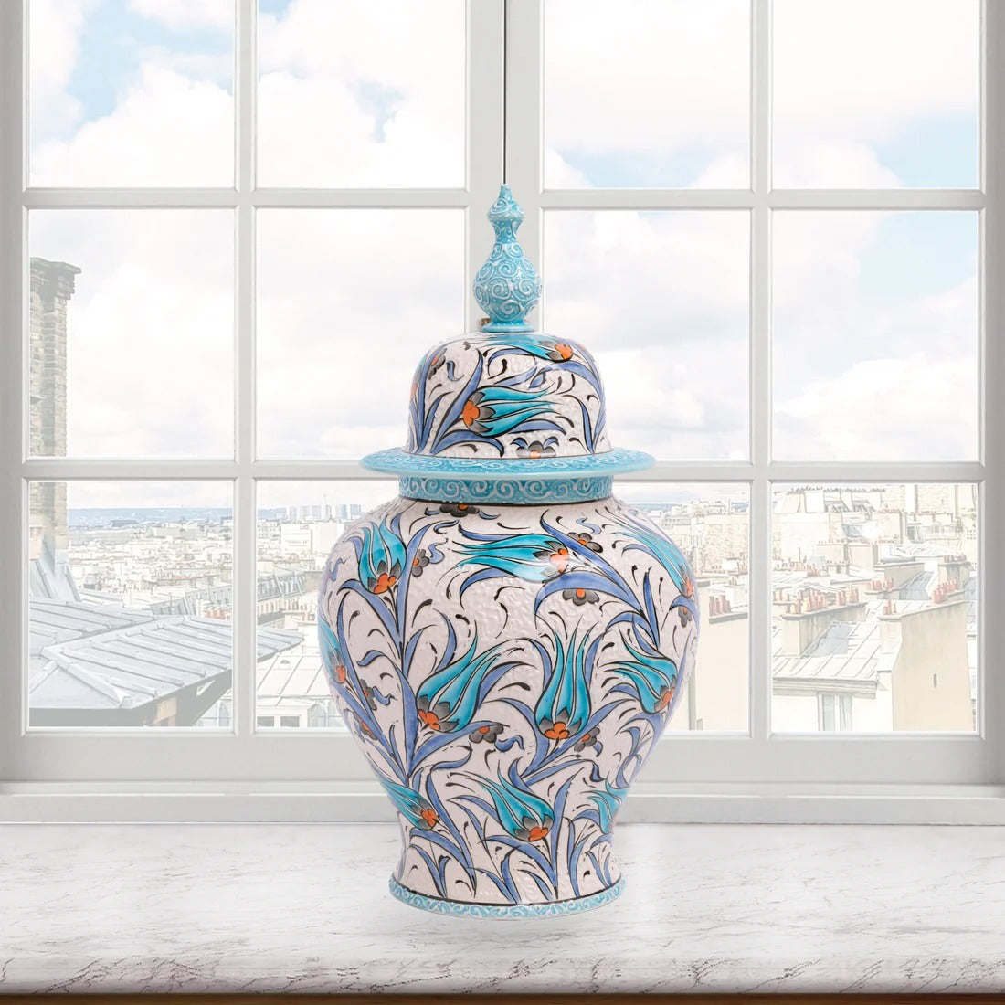 Handcrafted Turkish Floral Ceramic Ginger Jar with Lid