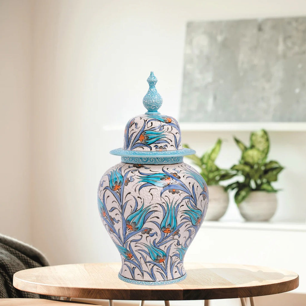 Handcrafted Turkish Floral Ceramic Ginger Jar with Lid