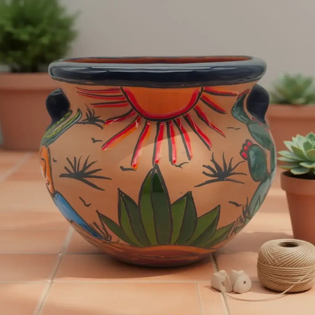 Decorative pot with sun and cactus design on a tiled floor