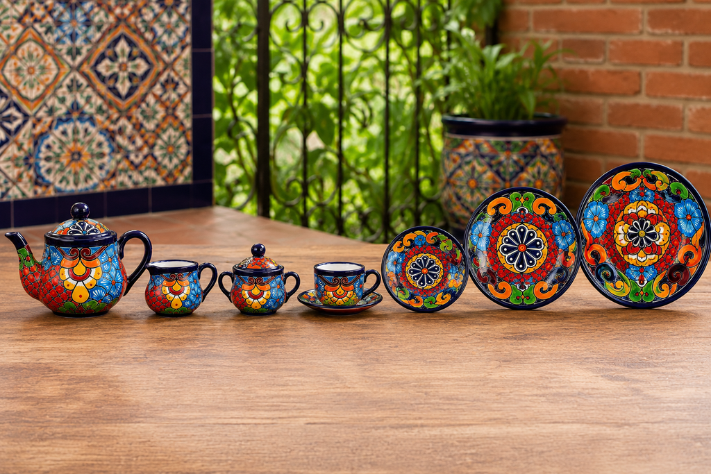 Talavera Ceramic Tea Set 13 Piece Hand Painted Mexican Pottery Dinnerware Set