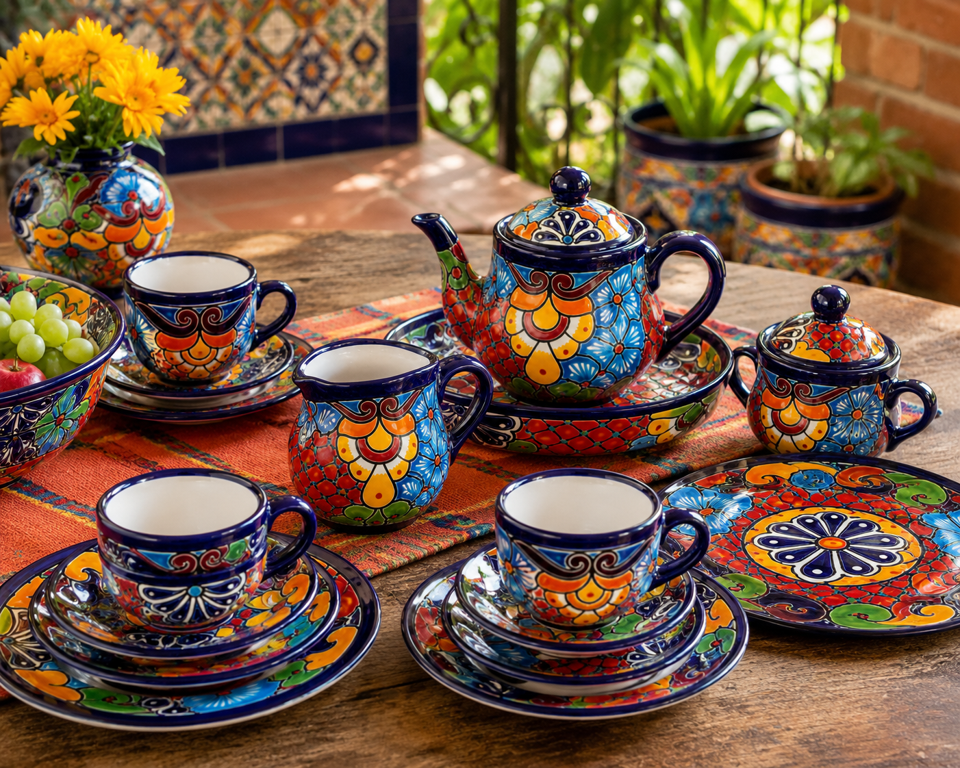 Talavera Ceramic Tea Set 13 Piece Hand Painted Mexican Pottery Dinnerware Set